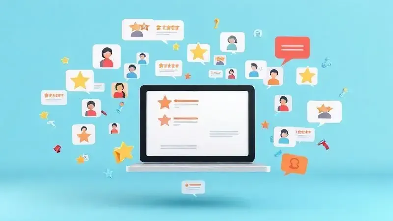 Render conceitual da coleta e análise de reviews de produtos em diferentes plataformas online, com foco em dados.