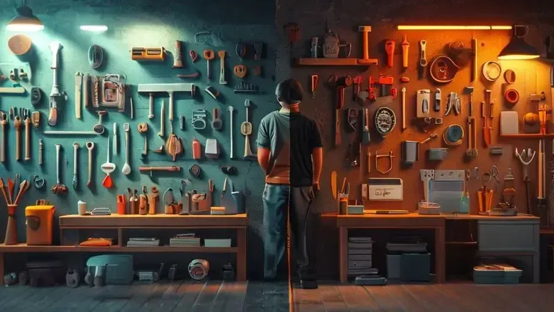 Ilustração conceitual mostrando momento de decisão entre reparo caseiro e chamada de técnico especializado