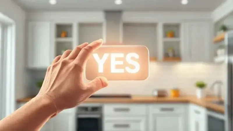 Ilustração conceitual de uma decisão de compra positiva em uma cozinha, simbolizando satisfação com o produto.