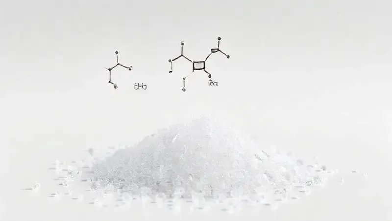 Ilustração digital 3D conceitual mostrando a estrutura molecular e os grânulos de um adoçante culinário.
