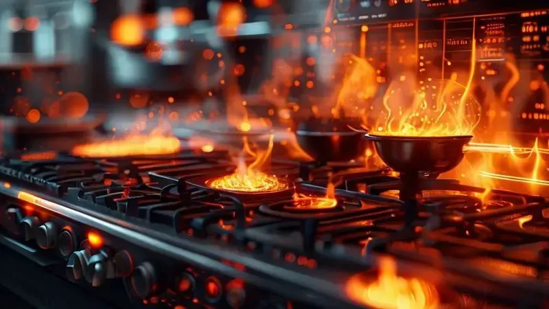 Ilustração artística de desempenho de queimadores e capacidade do forno com visualização de distribuição de calor.