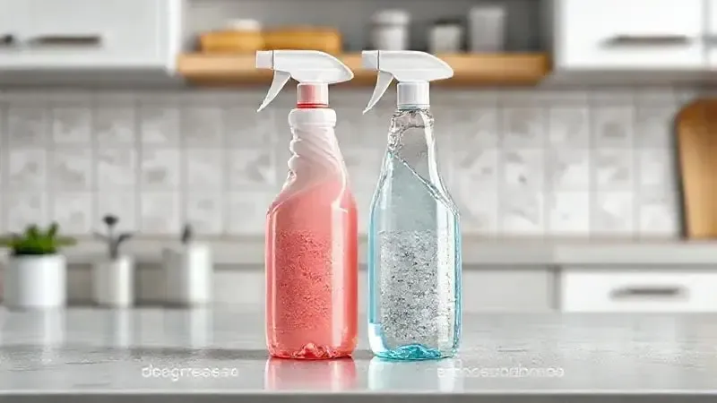 Diferença visual entre desengordurante e desincrustante, mostrando suas aplicações distintas na limpeza de cozinha.