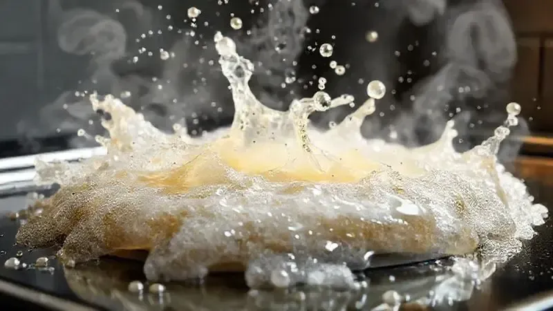 Render 3D conceitual mostrando a ação de um desengordurante dissolvendo sujeira pesada e gordura de um fogão.