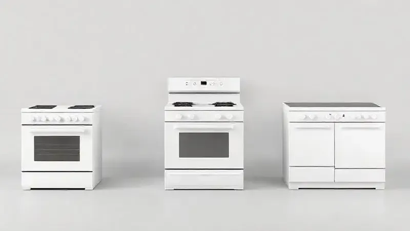 Render artístico mostrando diferentes tipos de fogões e cooktops (piso, embutir) em um arranjo conceitual e minimalista.