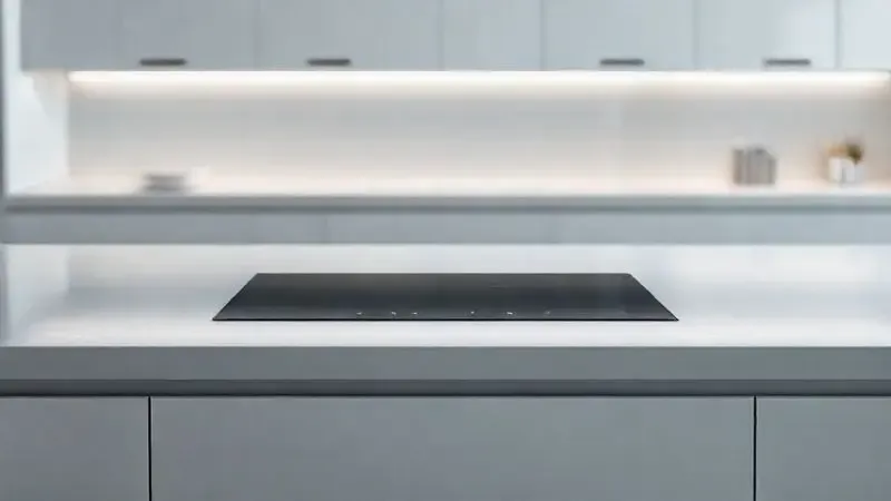 Ilustração 3D de um cooktop moderno e elegante em uma cozinha minimalista, representando um fogão premium.