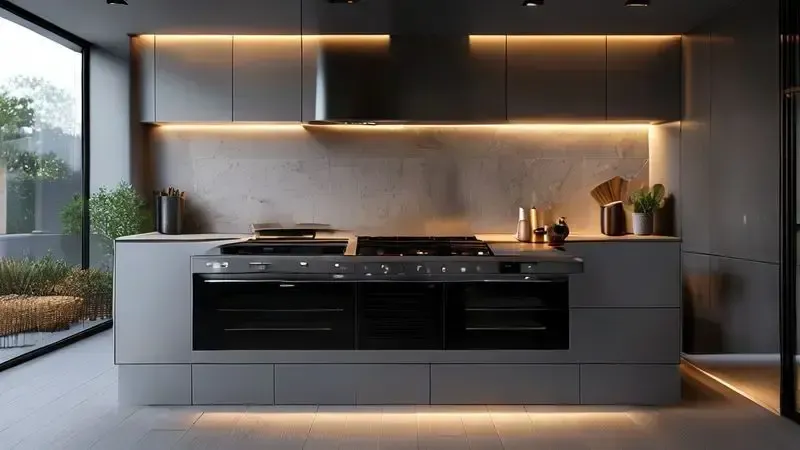 Ilustração conceitual de cozinha moderna com fogão de 5 bocas e frente em vidro preto, destacando design sofisticado.