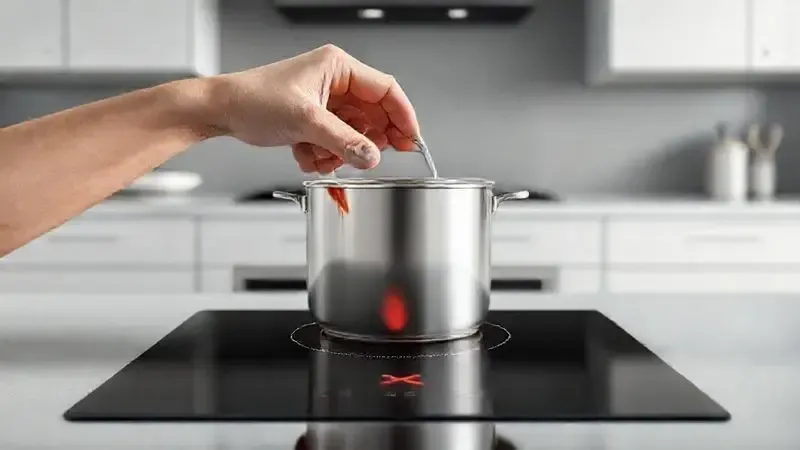 Renderização 3D de panela incompatível com fogão de indução, simbolizando a desvantagem do produto.