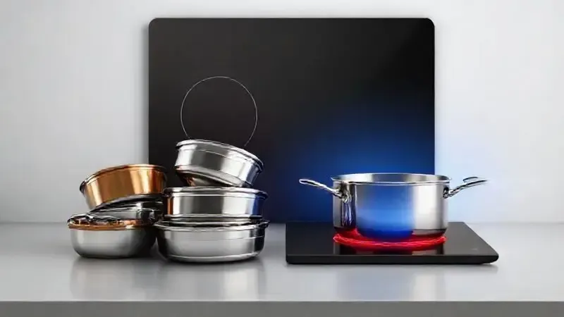 Ilustração mostrando panelas não compatíveis ao lado de um cooktop de indução.