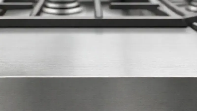 Detalhe em close-up da superfície de aço inox escovado de um fogão industrial, destacando sua resistência e durabilidade.