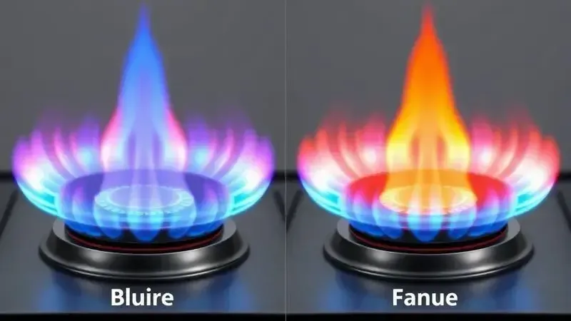 Comparação visual entre chama azul regulada e chama laranja indicando combustão incompleta.