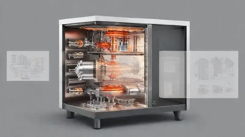 Diagrama 3D conceitual de um fogão industrial, ilustrando detalhes técnicos e componentes internos de alta performance.