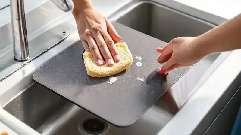 Ilustração realista mostrando as mãos de uma pessoa lavando um protetor de silicone para fogão de indução com água e sabão na pia.