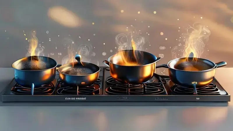 Ilustração com 5 dicas práticas para economizar energia usando fogão por indução na cozinha