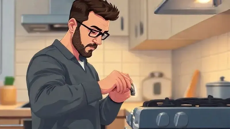 Ilustração realista sobre segurança na cozinha, mostrando o cuidado ao verificar conexões de gás e uso correto do fogão.