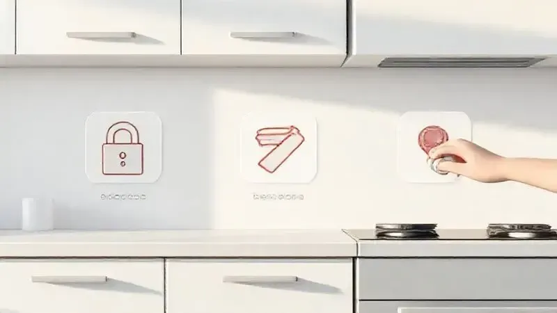 Infográfico conceitual com ícones de segurança, limpeza e uso correto de um fogão em uma cozinha minimalista.
