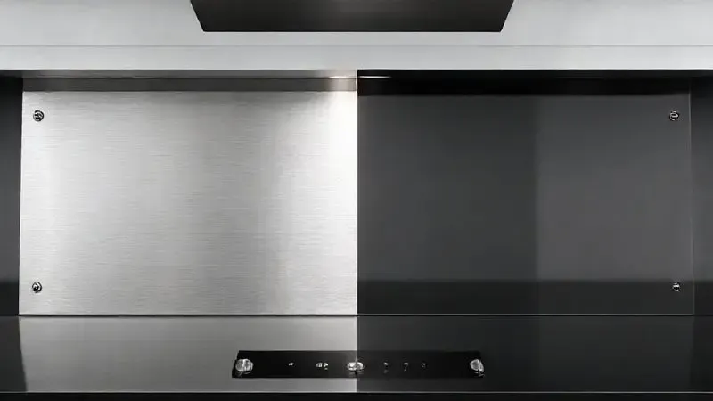 Render 3D ilustrando a diferença conceitual entre a superfície de um cooktop em inox e outro em vidro temperado.