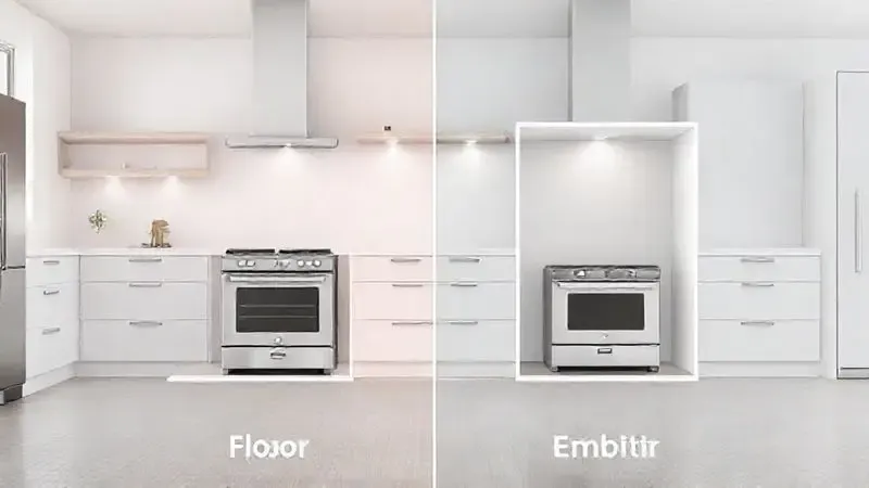 Render 3D mostrando a diferença conceitual entre um fogão de piso e um fogão de embutir.