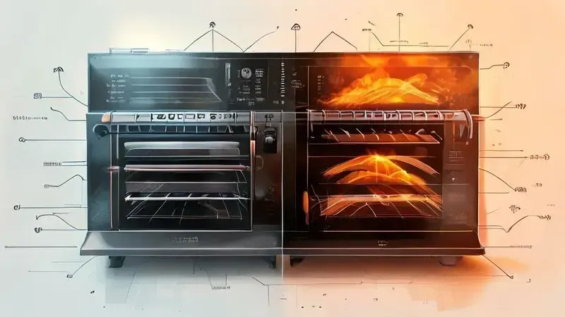 Comparação visual entre distribuição de calor no forno convencional e fluxo de ar no forno de convecção
