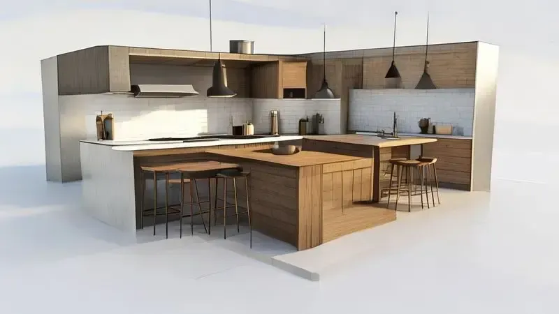 Comparação visual entre cozinha com ilha central independente e cozinha com península acoplada.