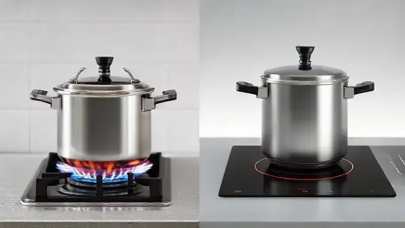 Contraste visual entre uma panela de pressão tradicional em fogão a gás e uma panela de indução em um fogão moderno.