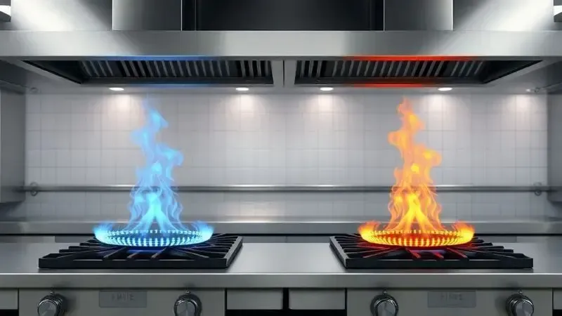 Ilustração conceitual das diferenças entre sistemas de alta e baixa pressão em fogões industriais.
