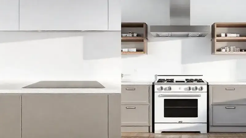 Comparação visual entre o design integrado de um fogão cooktop e a estrutura de um fogão convencional de piso.