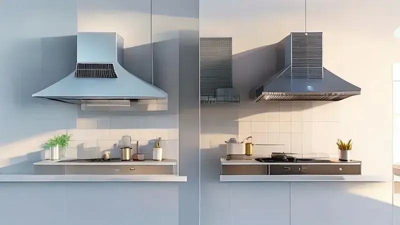 Comparação visual entre diferentes tipos de sistemas de ventilação para cozinha: exaustor, coifa e depurador