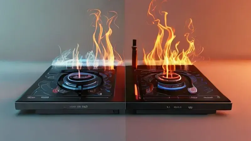 Comparação conceitual entre fogão a gás tradicional e cooktop de indução mostrando eficiência energética.