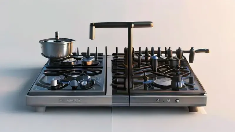 Comparação conceitual entre peças de fogão a gás e cooktop em ilustração artística