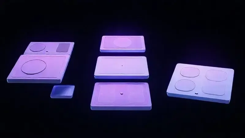 Renderização artística 3D de diferentes formatos e configurações de superfícies de cooktops por indução.