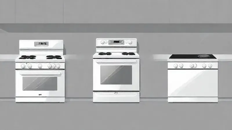 Ilustração conceitual de três painéis representando diferentes tipos de fogão: de piso, de embutir e cooktop.