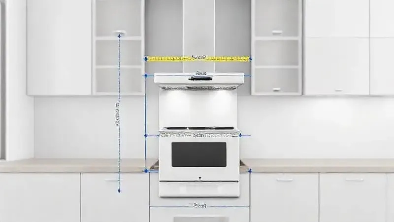 Render 3D mostrando um fogão moderno com linhas arquitetônicas e fitas métricas, ilustrando suas dimensões e capacidade na cozinha.