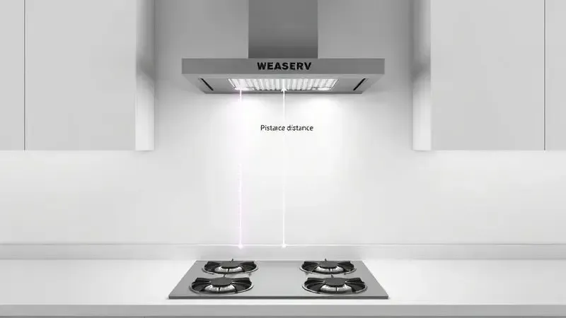 Ilustração mostrando a distância ideal de instalação entre coifa de parede e fogão de 4 bocas, com fita métrica conceitual.