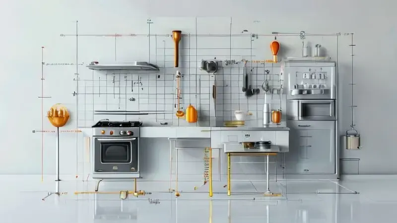 Ilustração técnica mostrando distância segura recomendada entre fogão e geladeira na cozinha