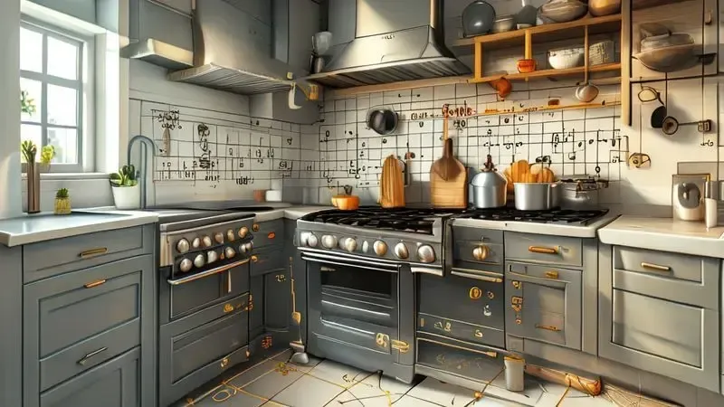 Conceito visual ilustrativo mostrando distâncias de segurança e requisitos de ventilação para instalação de fogão de embutir.