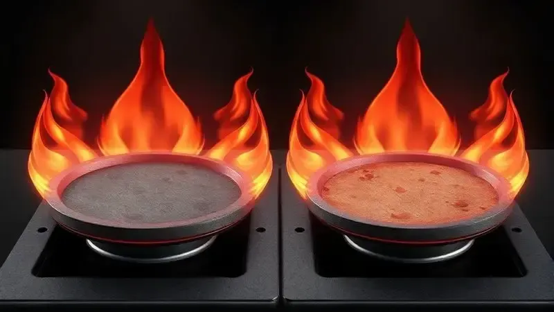Ilustração conceitual da distribuição de calor comparando chapa limpa e suja em fogão a lenha