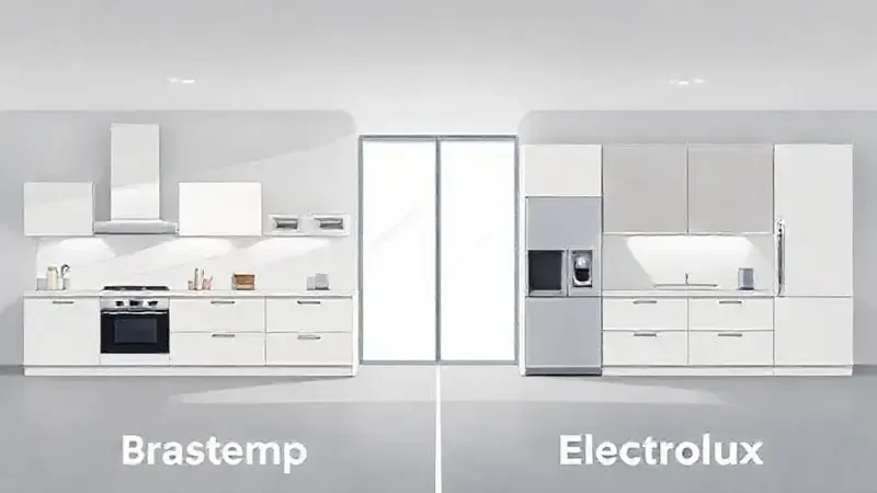Ilustração conceitual de duas áreas de cozinha em contraste, representando a comparação entre as marcas Brastemp e Electrolux.