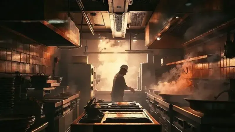 Ilustração digital de uma cozinha industrial com equipamentos robustos e resistentes a ambientes de alta pressão e calor.