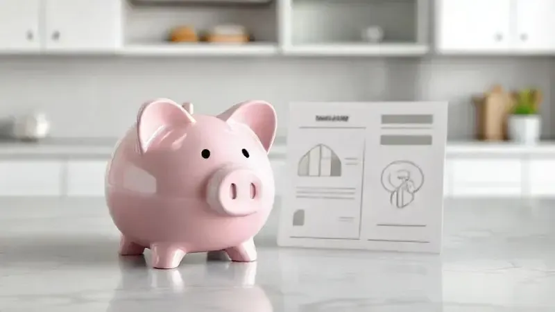 Render 3D conceitual de um cofrinho e símbolos de economia em uma cozinha, representando o excelente custo-benefício do fogão.