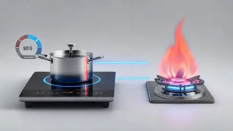 Render 3D ilustrando a diferença no consumo de energia e gás entre um cooktop de indução e um fogão tradicional.