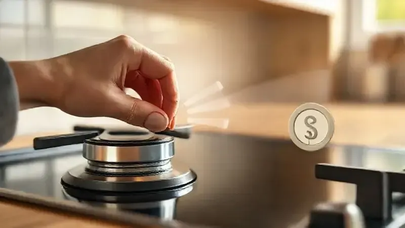 Ilustração de mão ajustando o gás de um fogão, simbolizando a economia de gás de cozinha e eficiência energética.