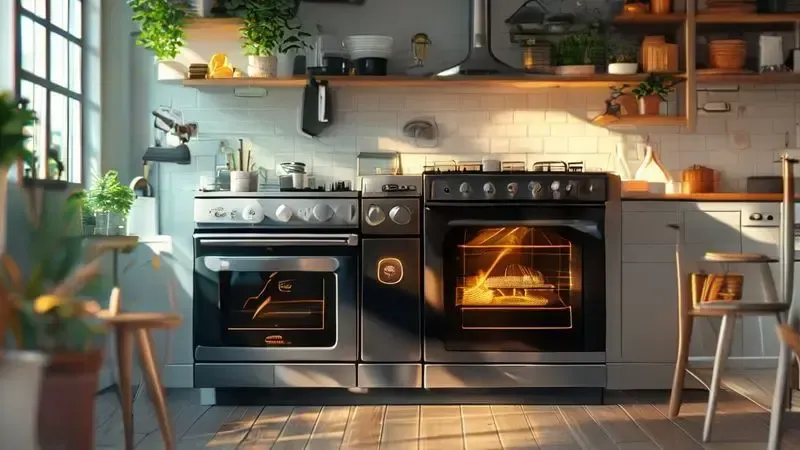 Conceito de economia de energia com forno elétrico, mostrando técnicas para uso eficiente