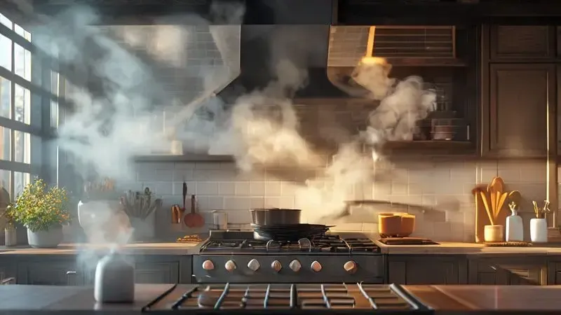 Ilustração conceitual mostrando eficiência de captação de fumaça e vapor pela coifa na altura correta