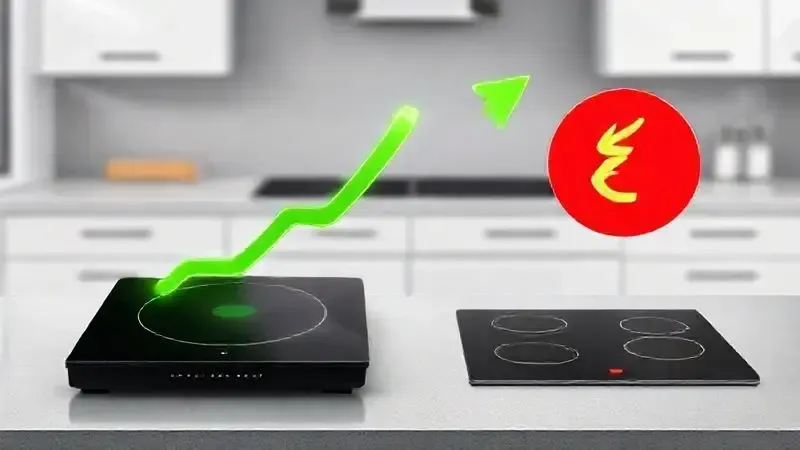 Ilustração de eficiência energética, mostrando economia de eletricidade em um cooktop de indução versus o consumo do elétrico.