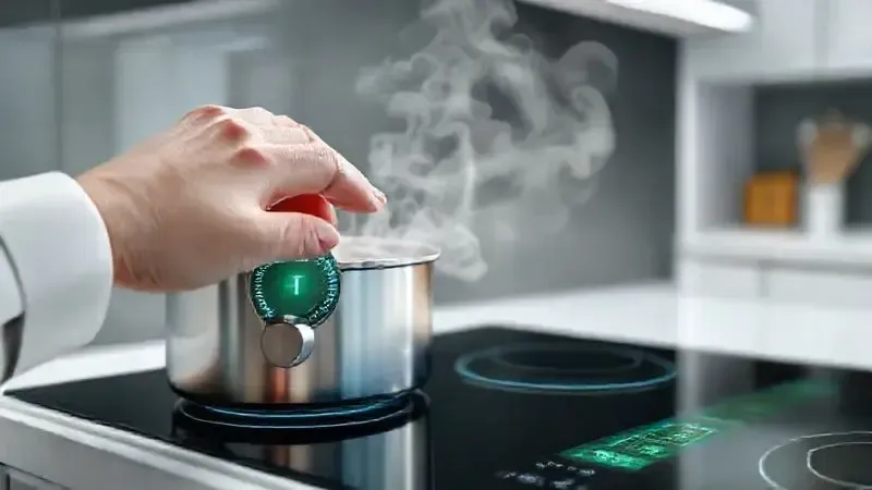 Renderização conceitual de um fogão de indução com vapor intenso, simbolizando a eficiência e o rápido tempo de preparo dos alimentos.