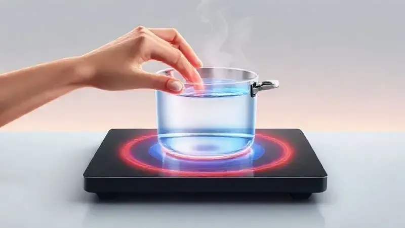 Representação visual conceitual da rapidez e eficiência energética de um fogão de indução moderno.