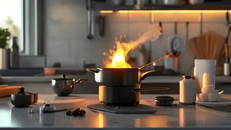 Elementos necessários para acender uma panela de fondue: queimador, isqueiro longo, álcool gel e outros itens de segurança em disposição conceitual.