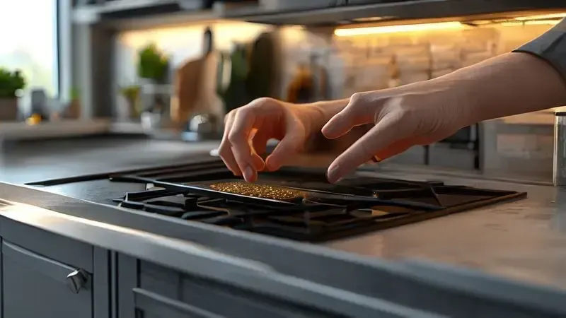 Encaixe preciso do fogão de embutir na bancada da cozinha durante instalação