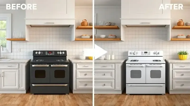 Ilustração conceitual do processo de envelopamento de fogão mostrando transformação da cozinha