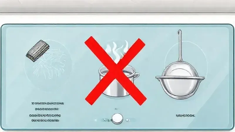 Ilustração conceitual dos erros e proibições de uso comum, como arranhar ou usar panelas inadequadas no cooktop.